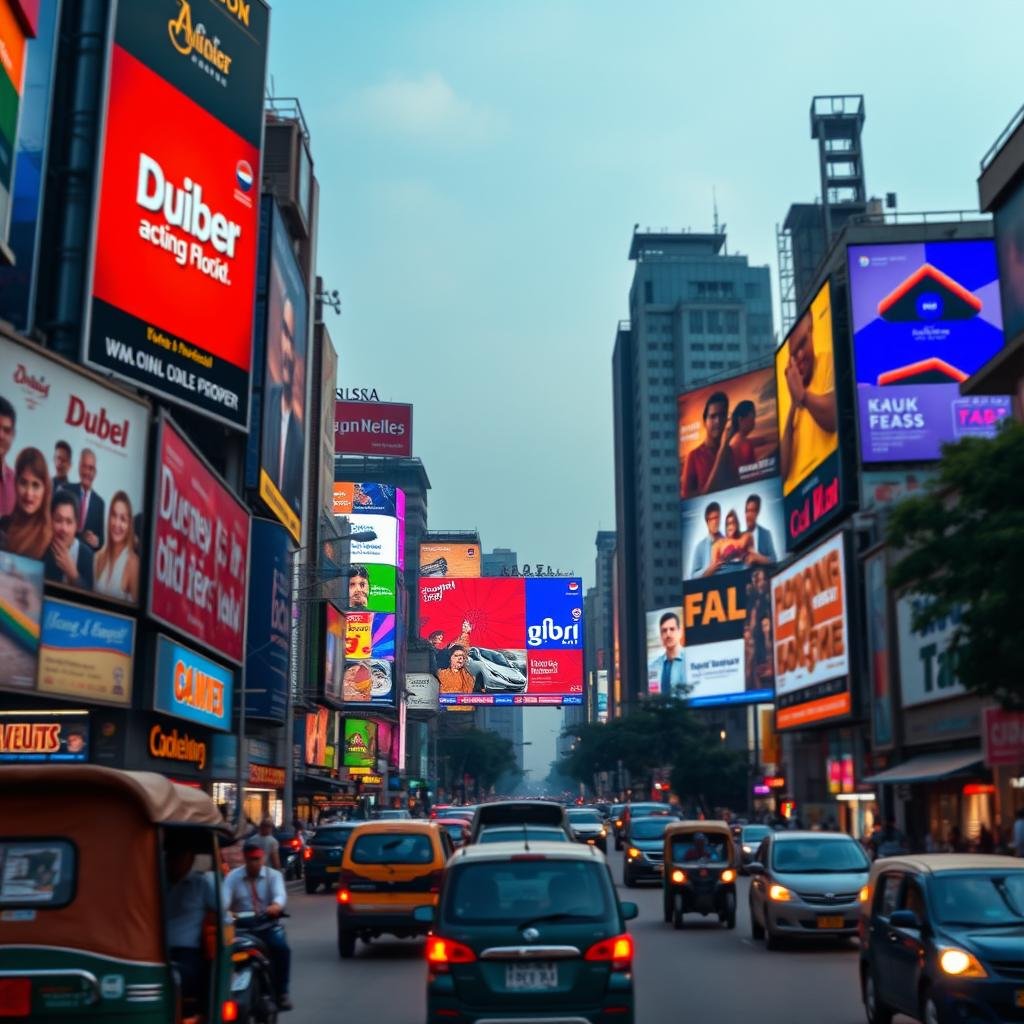 "Vibrant billboard advertising in Dhaka, Bangladesh, showcasing high-traffic outdoor ad spaces for brands."